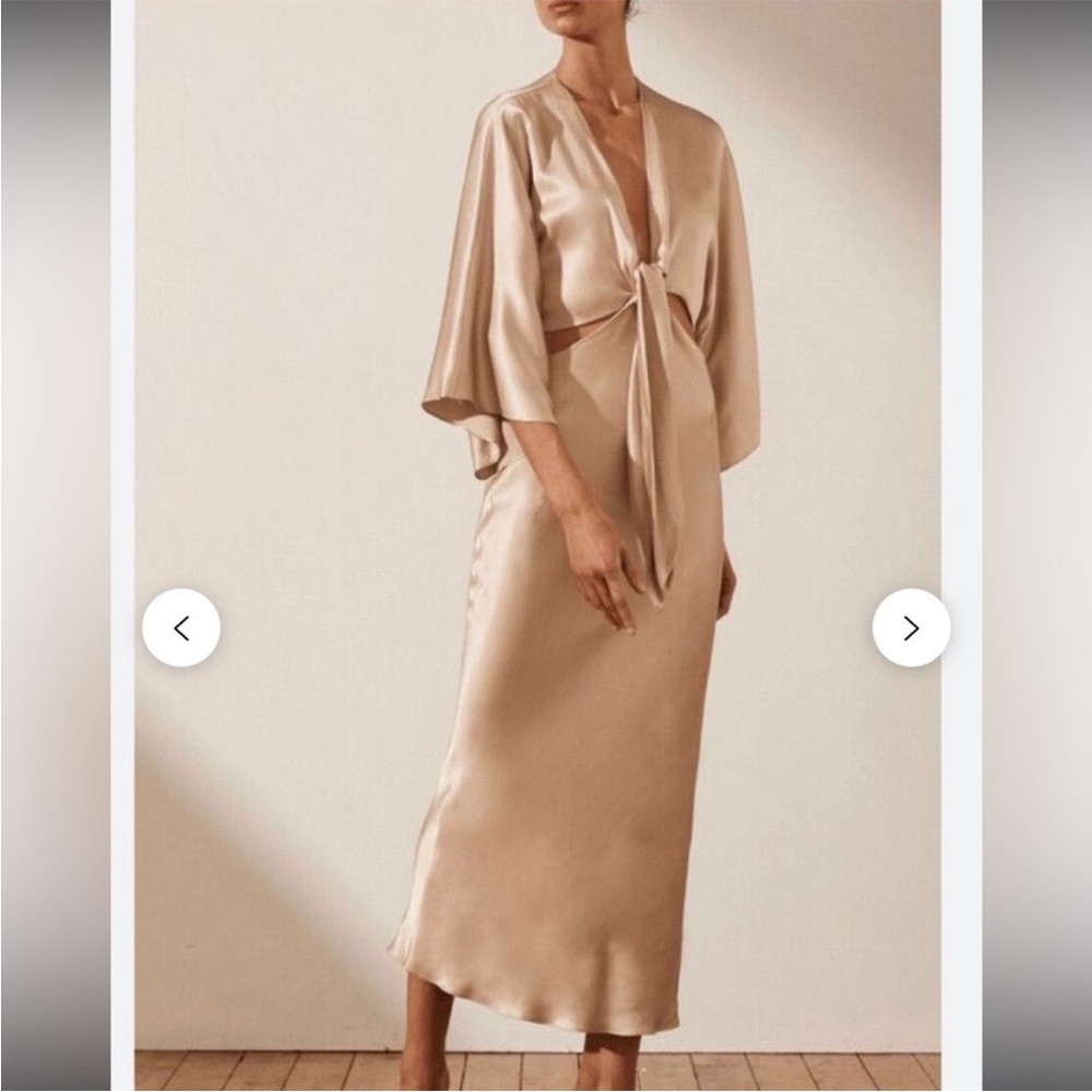 NWT Shona Joy La Lune Tie Front Bias Midi Dress in Gold - Picture 2 of 7